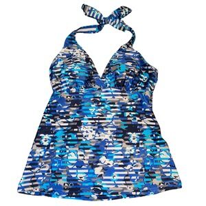 Coolibar Womens Blue Floral Stripe Halter Tankini Top UPF 50+ Sun Protection S